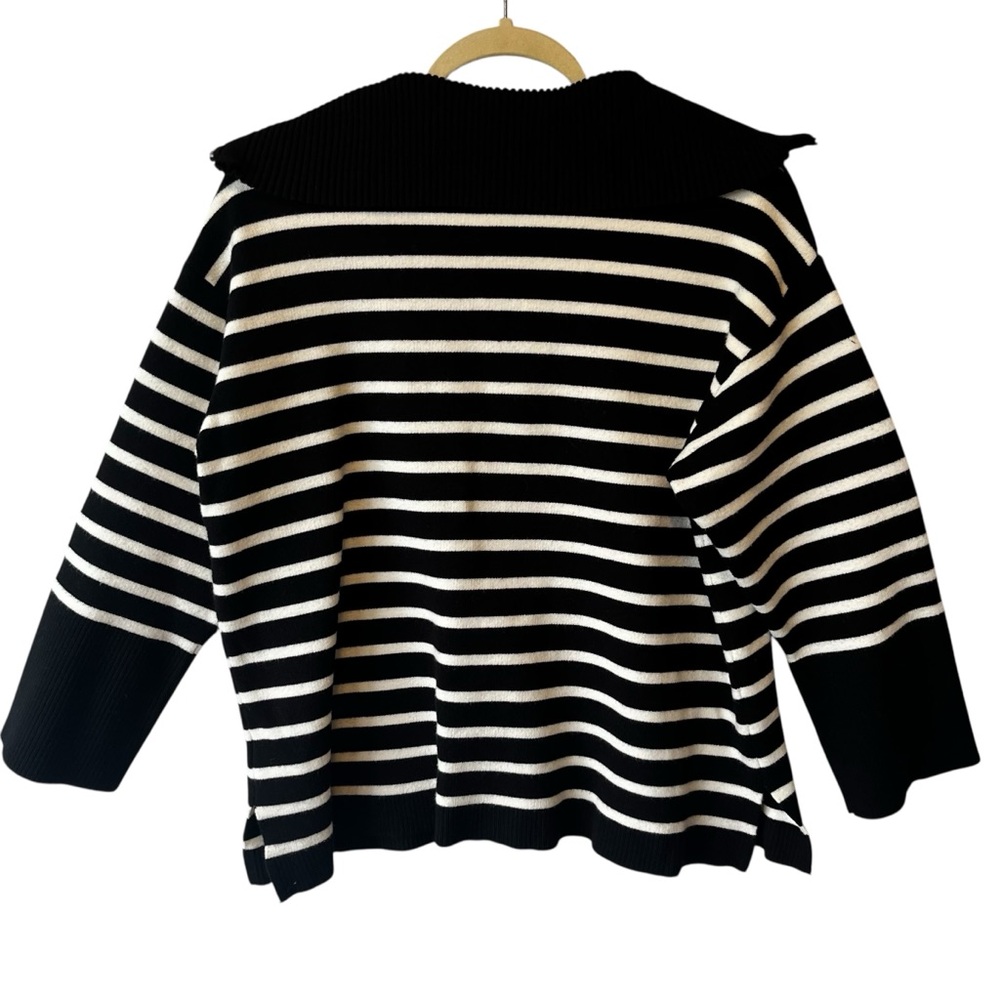 Elie Tahari pullover sweater XL Black white striped Heavy knit 1/4 zip Womens - Picture 2 of 8